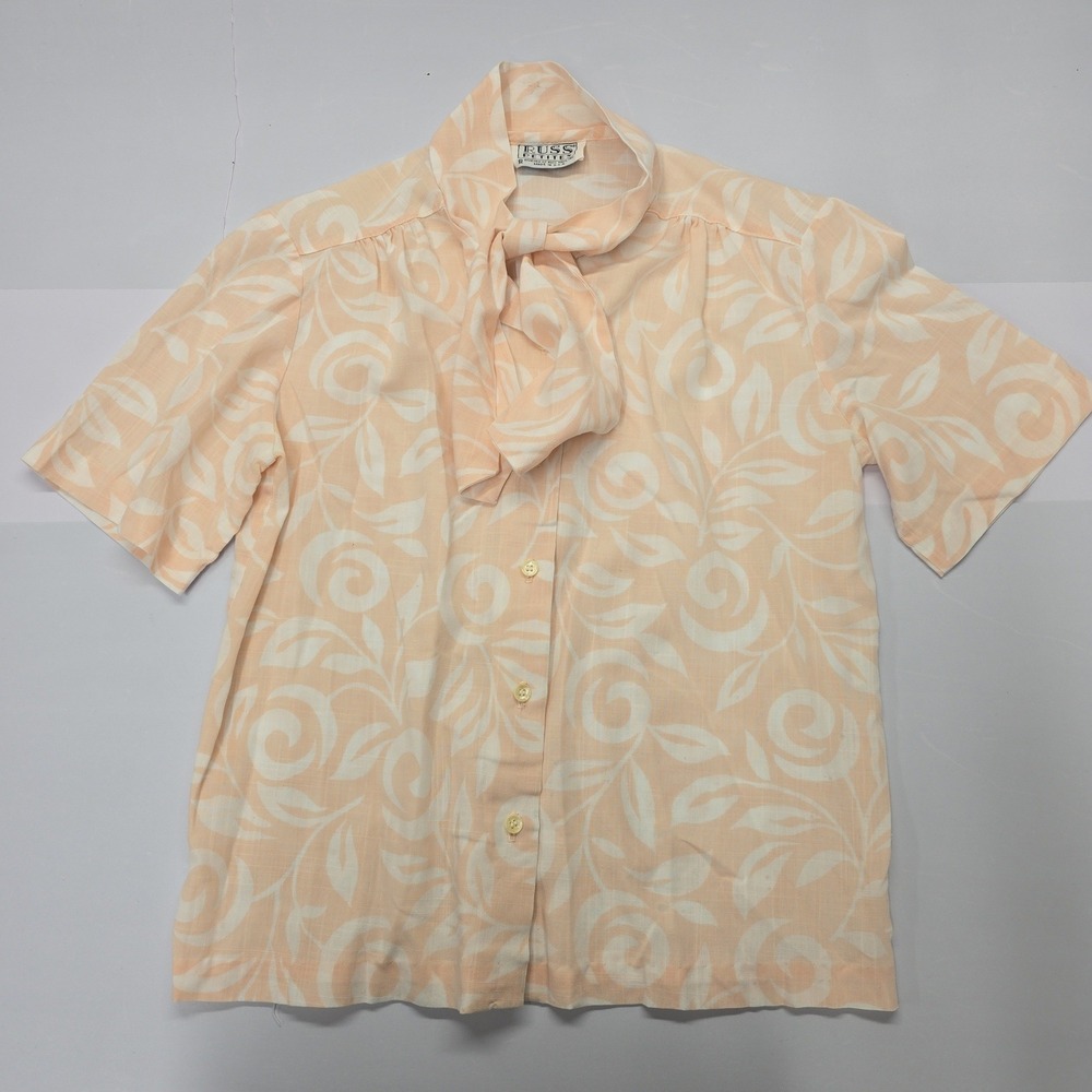 Russ Petites Vintage 80s Peach White Floral Tie‎ Neck Blouse Short Sleeve 8